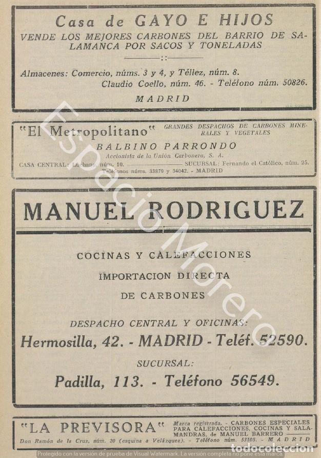 Coleccionismo: Publicidad de 1930 Madrid: Casa de Gayo e hijos. El metropolitano. Manuel Rodriguez. La previsora