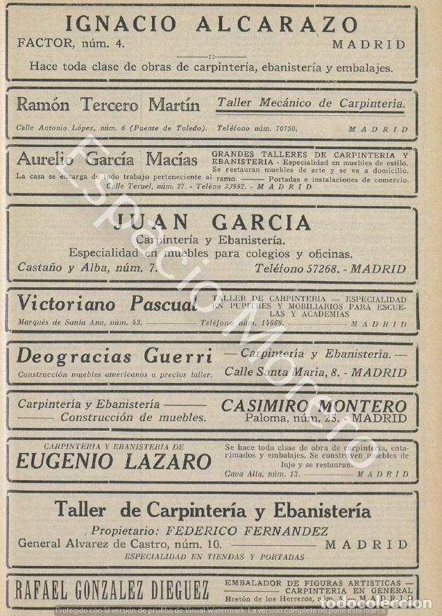 Coleccionismo: Publicidad de 1930 Madrid: Carpinteria Ignacio Alcarazo, Ramon Tercero Martin, Aurelio Garcia Macias