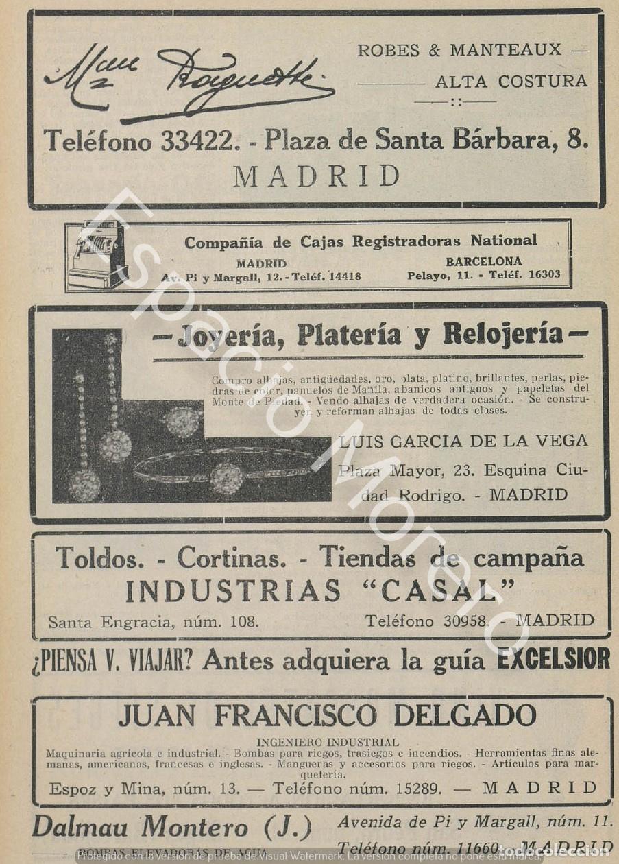 Coleccionismo: Publicidad de 1930 Madrid: Alta costura. Cajas registradoras. Joyeria. Toldos. Bombas de agua