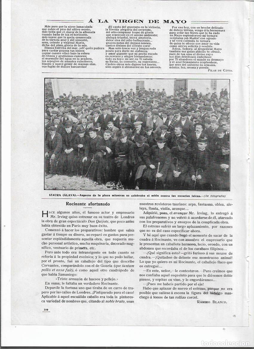 Colecionismo: A&Ntilde;O 1910 RECORTE PRENSA IZAURA ALAVA MITIN CONTRA LA ESCUELA LAICA EN LA PLAZA ENSE&Ntilde;ANZA