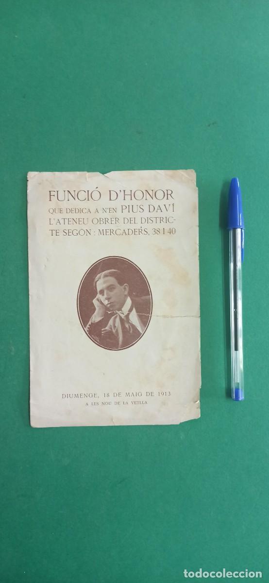 Coleccionismo: Antiguo programa Funci&oacute; dHonor dedicada a Pius Davi. Ateneu Obrer. 1913. - Foto 1