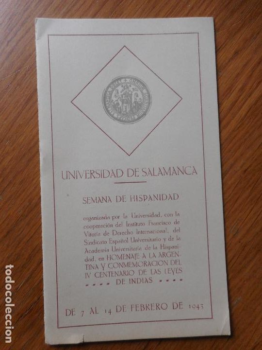 Coleccionismo: PROGRAMA SEMANA HISPANIDAD. HOMENAJE ARGENTINA Y LEYES DE INDIAS. UNIVERSIDAD SALAMANCA 1943