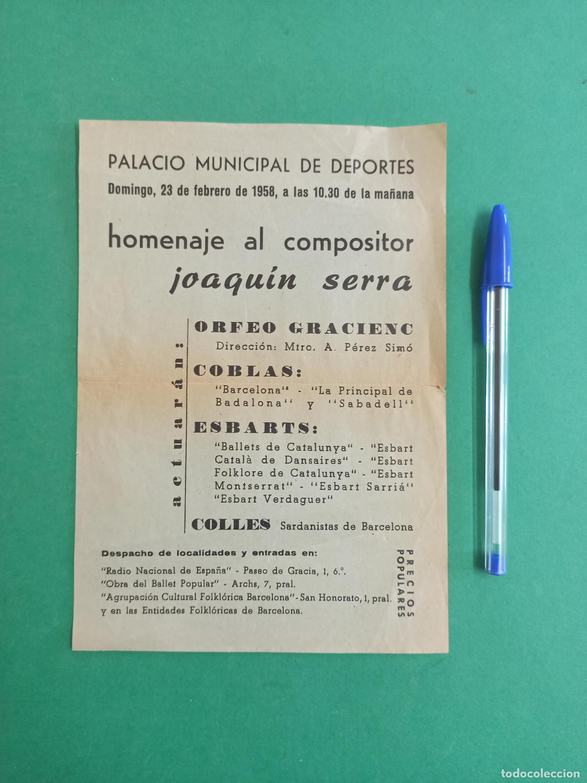 Collectionnisme: Antiguo cartel Homenaje al compositor Joaquin Serra. Palacio Municipal de Deportes. 1958. Barcelona.