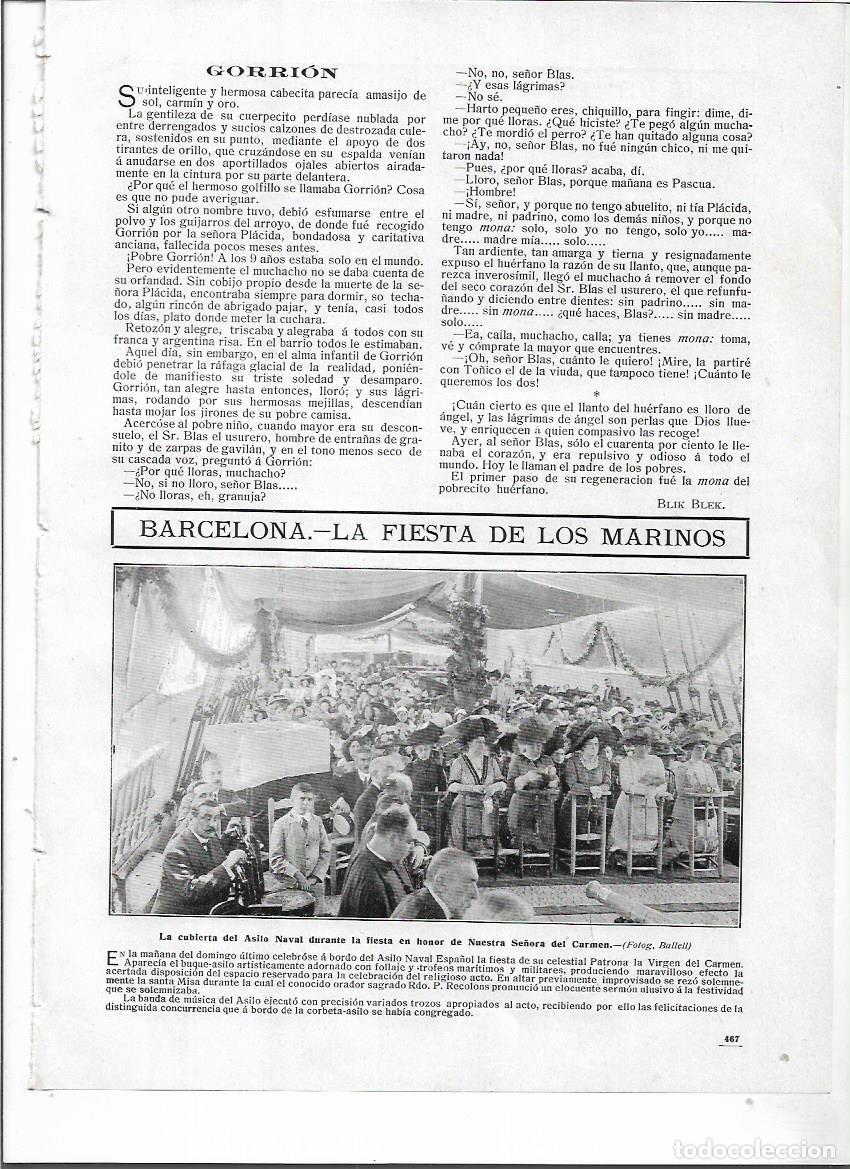 Coleccionismo: A&Ntilde;O 1910 RECORTE PRENSA BARCELONA FIESTA DE LOS MARINOS VIRGEN DEL CARMEN CUBIERTA ASILO NAVAL