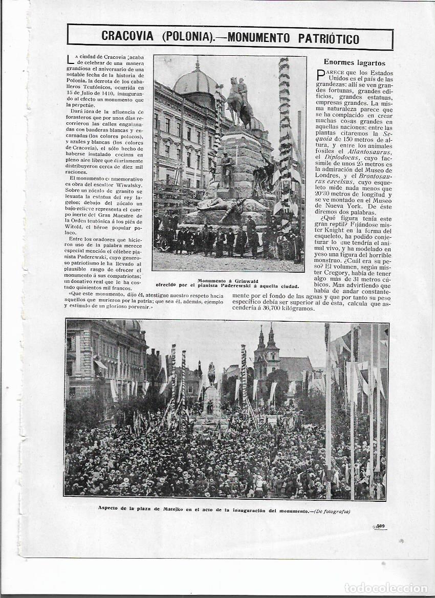 Colecionismo: &Ntilde;O 1910 RECORTE PRENSA CRACOVIA POLONIA INAUGURACION MONUMENTO GRINWALD DONACION PIANISTA PADEREWSKI