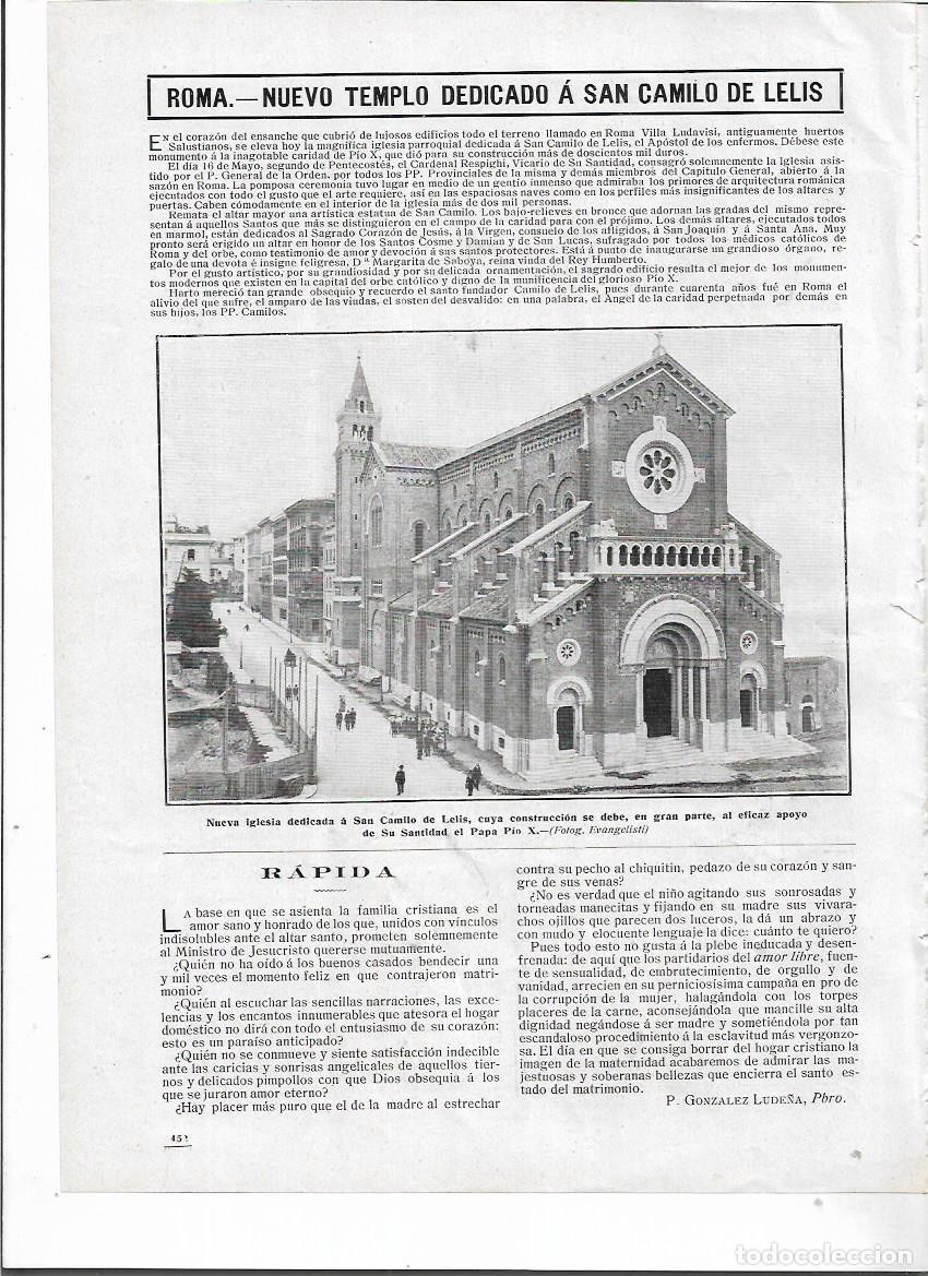 Colecionismo: A&Ntilde;O 1910 RECORTE PRENSA ROMA NUEVO TEMPLO A SAN CAMILO DE LELIS IGLESIA