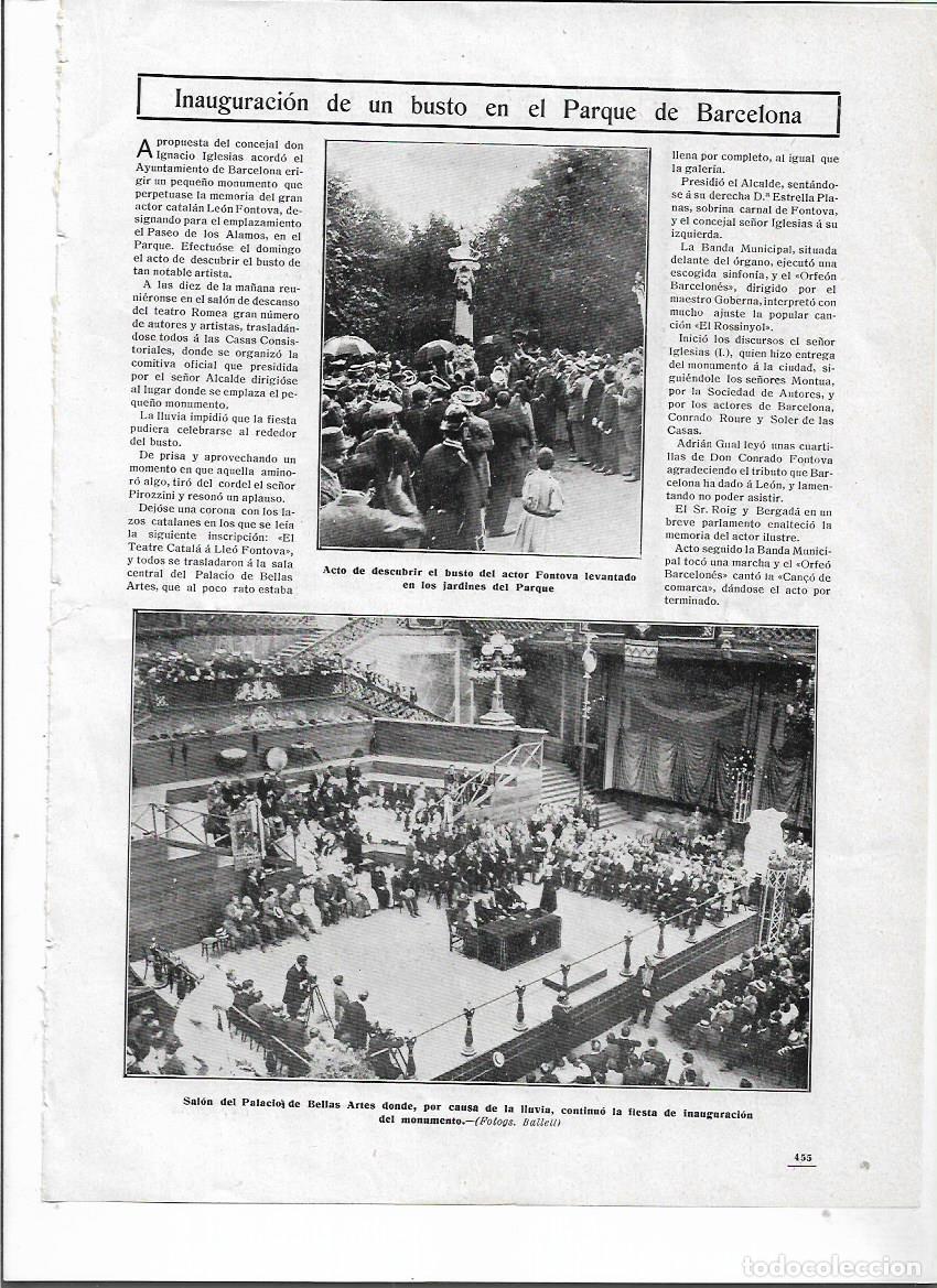 Colecionismo: A&Ntilde;O 1910 RECORTE PRENSA BARCELONA INAUGURACION MONUMENTO BUSTO ACTOR FONTOVA PARQUE PASEO ALAMOS