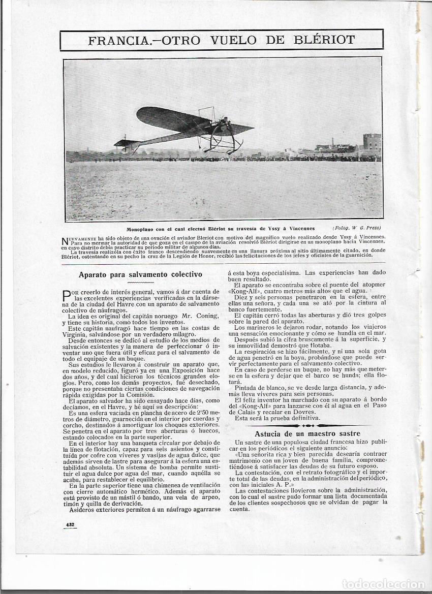 Collectionnisme: A&Ntilde;O 1910 RECORTE PRENSA AVIACION FRANCIA VUELO MONOPLANO DE BLERIOT TRAVESIA YSSY VINCENNES
