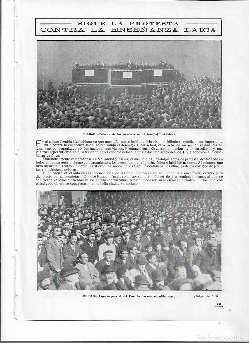 Colecionismo: A&Ntilde;O 1910 RECORTE PRENSA BILBAO MITIN FRONTON EUSKALDUNA PROTESTA CONTRA LA ENSE&Ntilde;ANZA LAICA