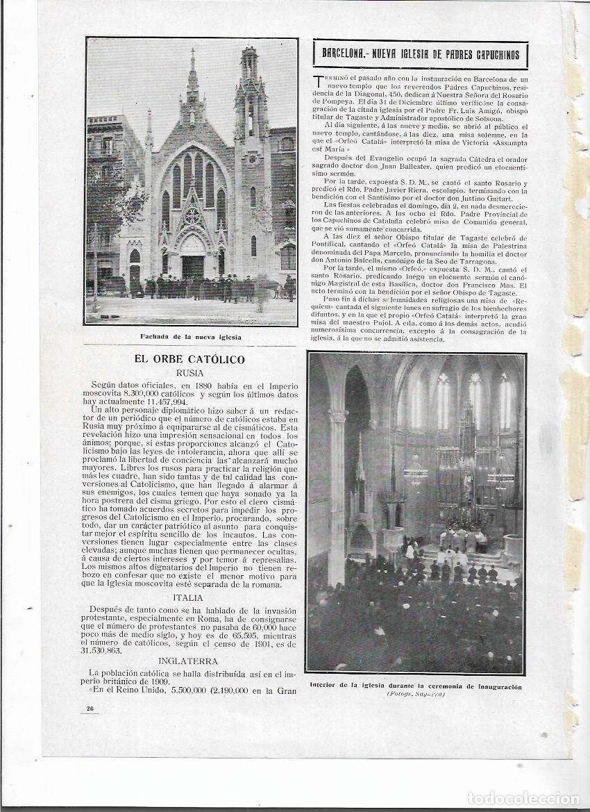 Coleccionismo: A&Ntilde;O 1910 RECORTE PRENSA BARCELONA INAUGURACION NUEVA IGLESIA PADRES CAPUCHINOS DE LA DIAGONAL