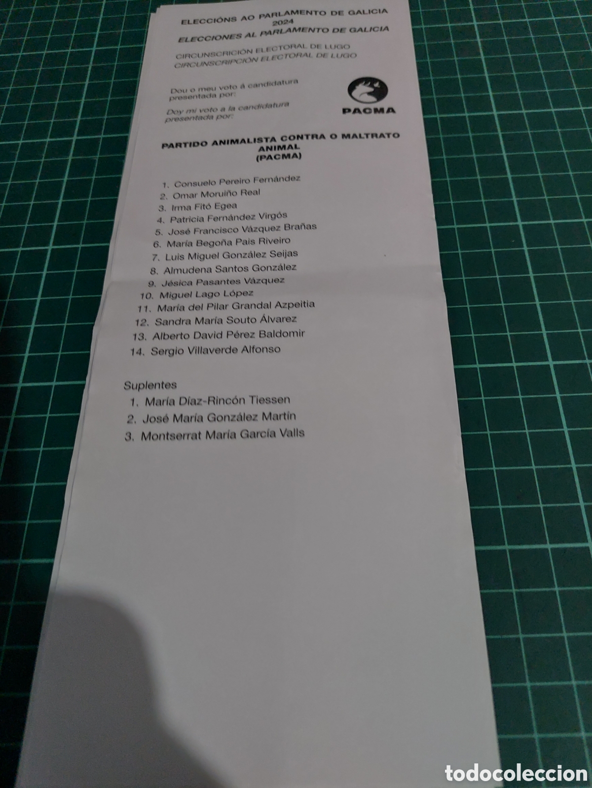 Collezionismo: Lugo 2024 papeleta voto ao parlamento de Galicia Pacma partido animalista contra el maltrato animal