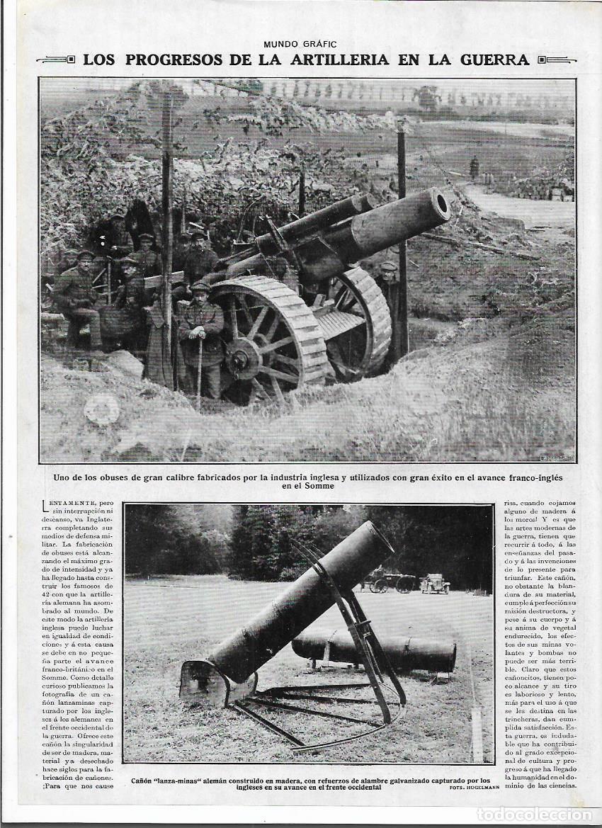 Colecionismo: A&Ntilde;O 1916 RECORTE PRENSA ARMAS PROGRESOS ARTILLERIA EN LA GUERRA CA&Ntilde;ON LANZA MINAS TANQUE OBUS