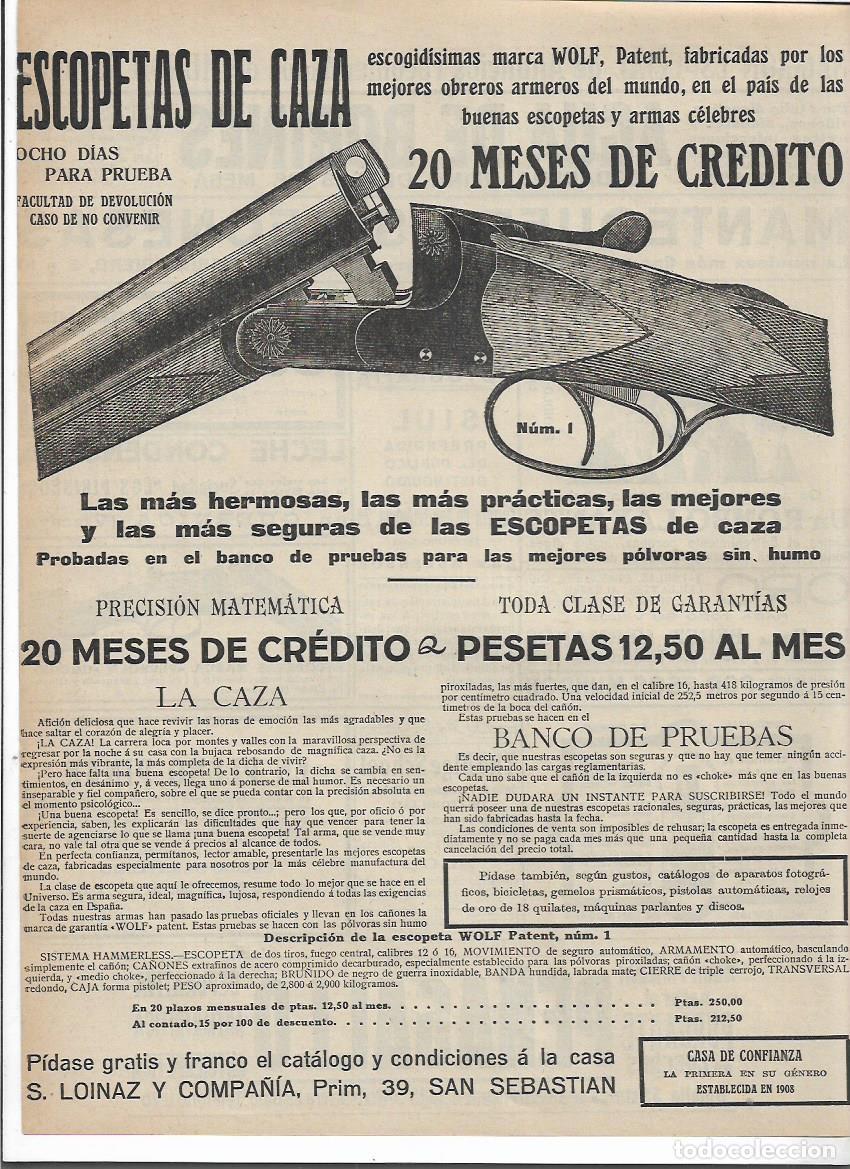 Coleccionismo: A&Ntilde;O 1916 RECORTE PRENSA PUBLICIDAD ARMAS ESCOPETAS CAZA WOLF CREDITO LOINAZ SAN SEBASTIAN