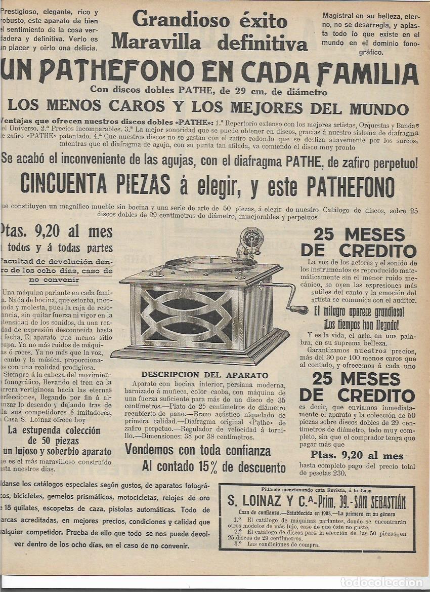 Coleccionismo: A&Ntilde;O 1916 RECORTE PRENSA PUBLICIDAD PATHEFONO DISCOS MUSICA CREDITO LOINAZ SAN SEBASTIAN