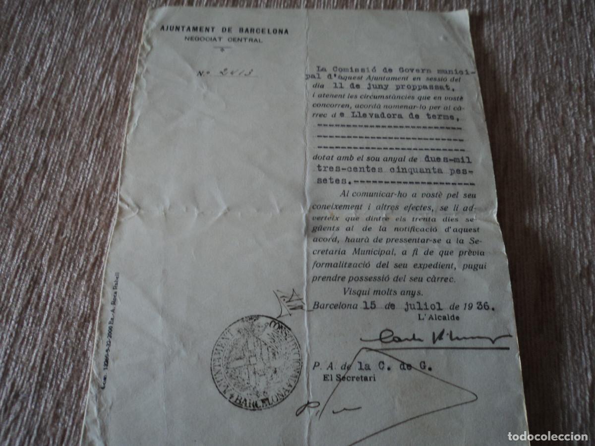 Coleccionismo: nombramiento al cargo de llevadora de terme, barcelona 15 julio 1936