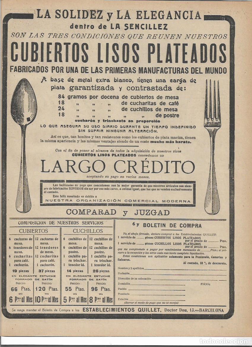 Sammelleidenschaft Papier: A&Ntilde;O 1916 RECORTE PRENSA PUBLICIDAD ALMACENES QUILLET CUBIERTOS LISOS PLATEADOS