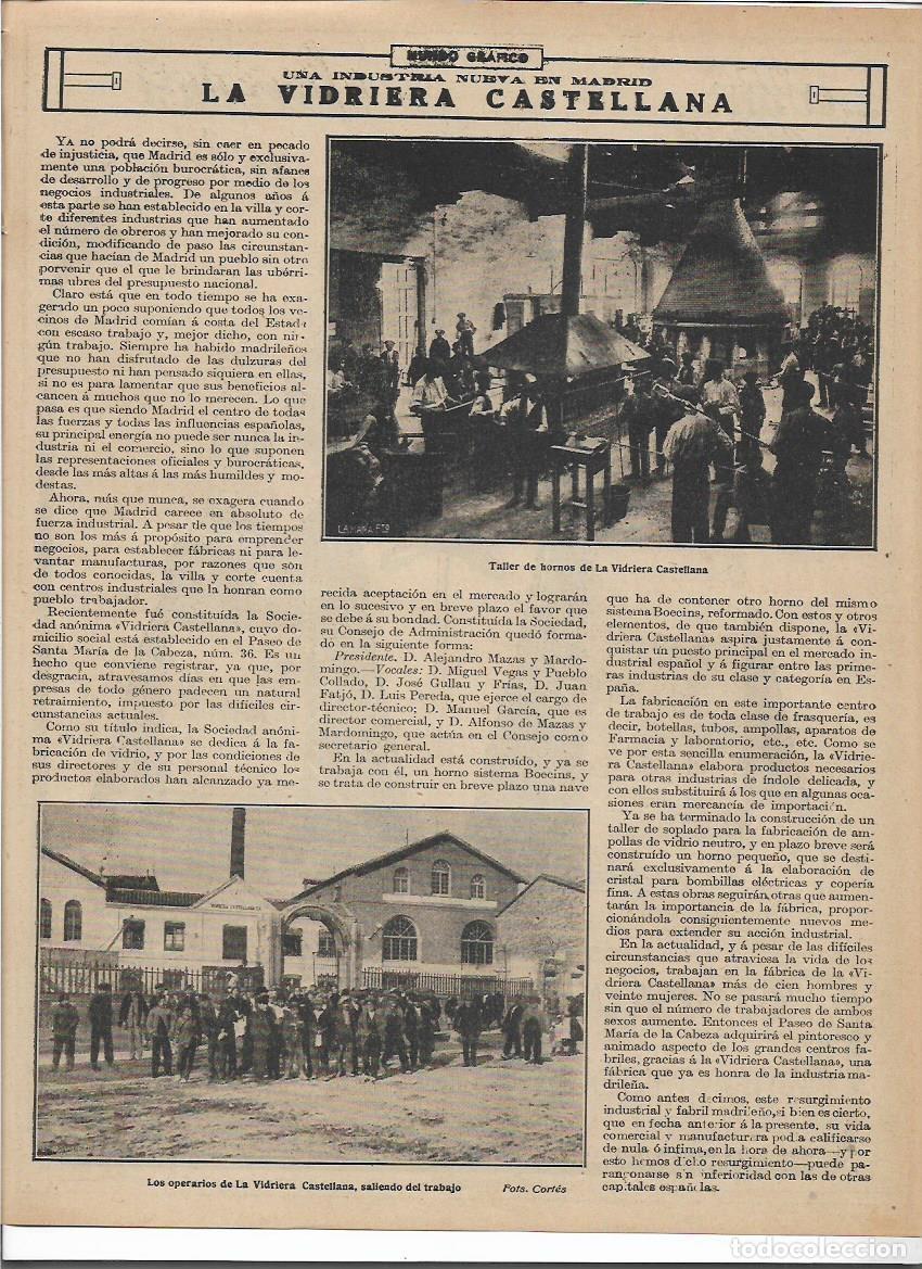 Colecionismo: A&Ntilde;O 1916 RECORTE PRENSA MADRID INDUSTRIA LA VIDRIERA CASTELLANA TALLER DE HORNOS OPERARIOS