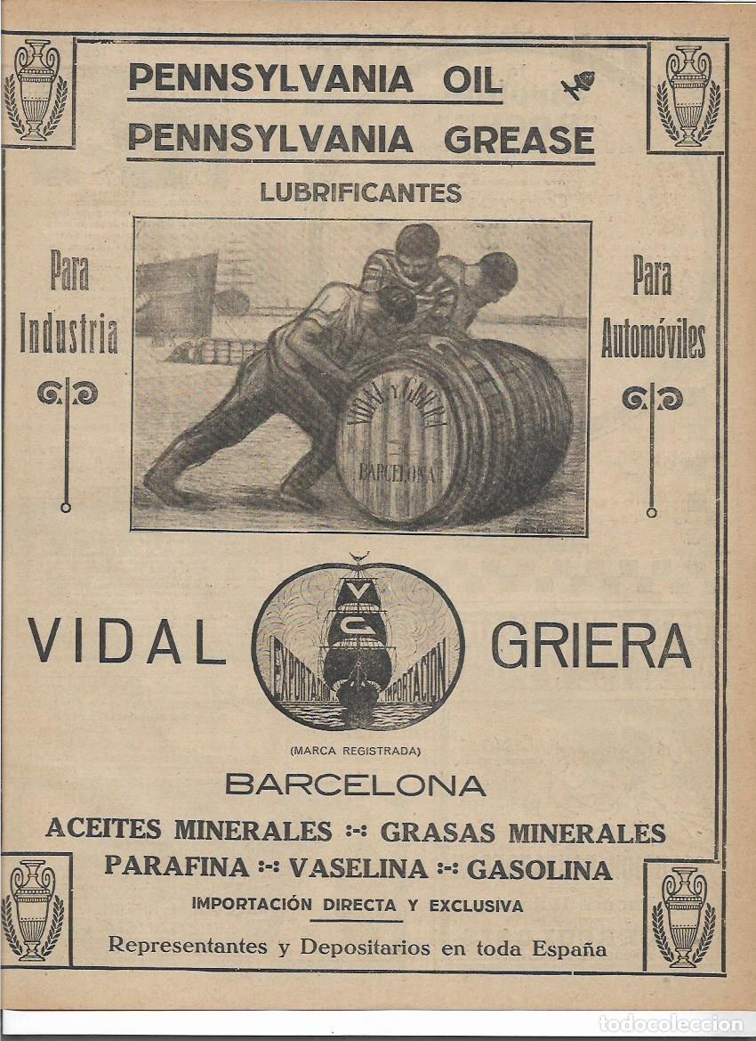 Colecionismo: A&Ntilde;O 1916 RECORTE PRENS PUBLICIDAD BARCELONA VIDAL GRIERA LUBRIFICANTES PENNSYLVANIA OIL GREASE COCHE