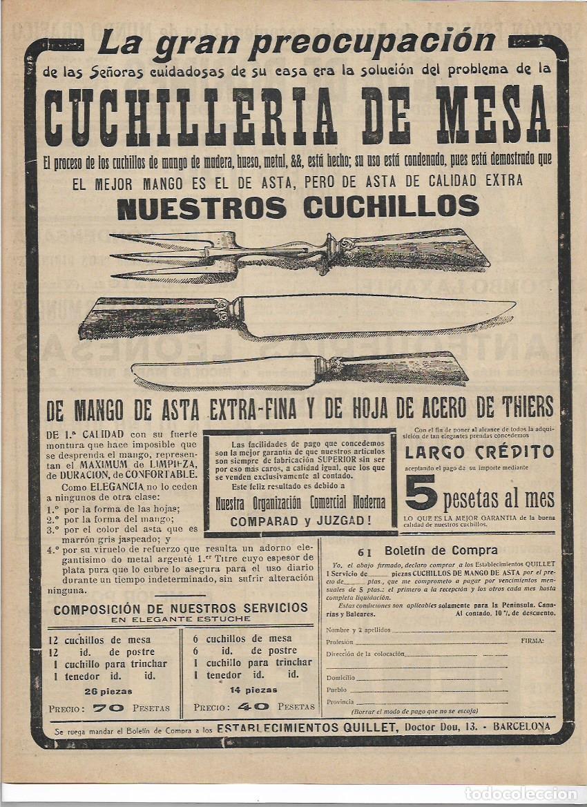 Colecionismo: A&Ntilde;O 1916 RECORTE PRENSA PUBLICIDAD ALMACENES QUILLET CUCHILLERIA DE MESA CUCHILLOS ACERO THIERS