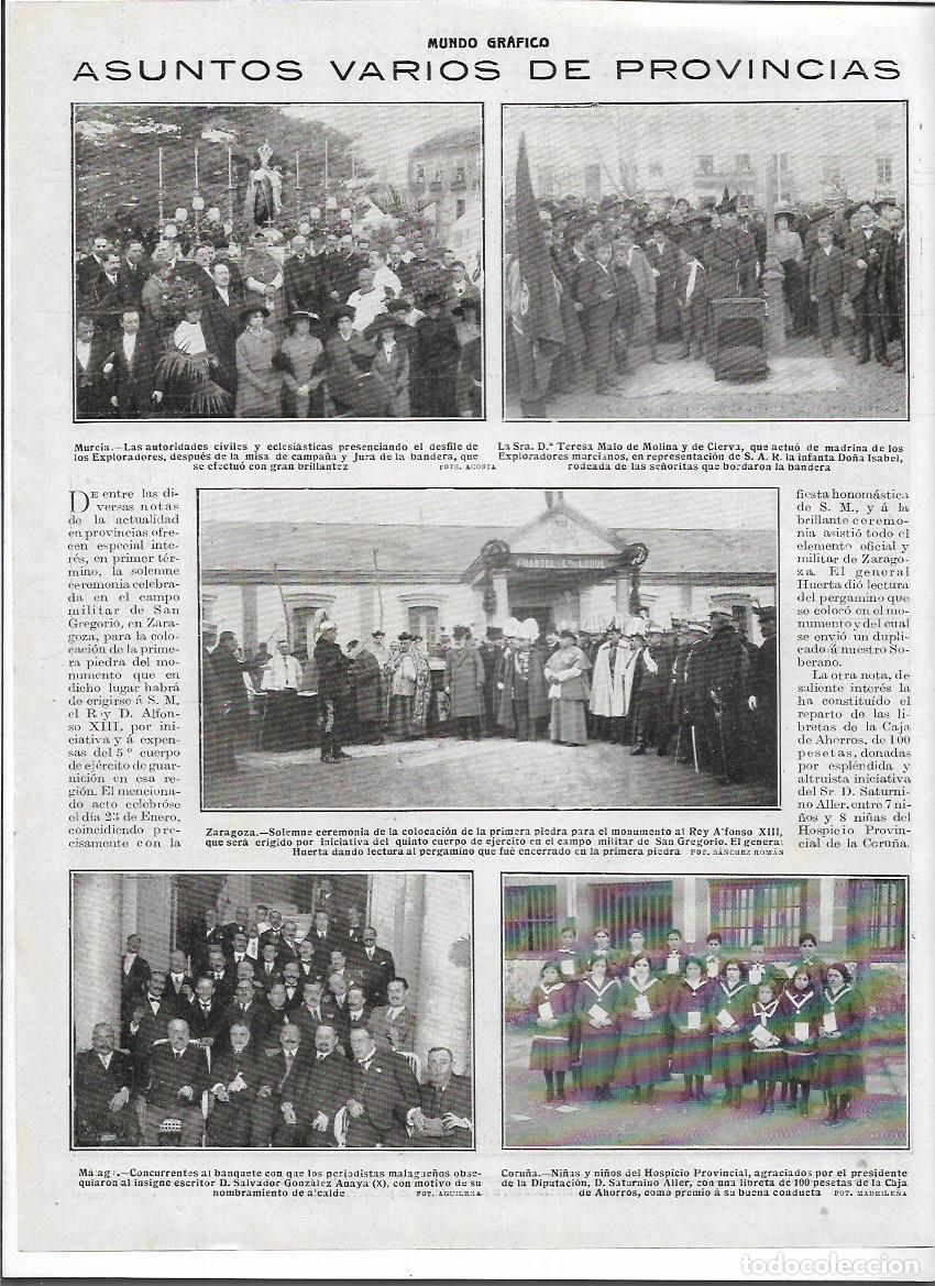 Colecionismo: A&Ntilde;O 1916 RECORTE PRENSA ZARAGOZA COLOCACION PRIMERA PIEDRA MONUMENTO REY ALFONSO XIII CUARTEL