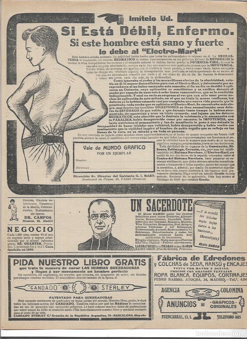 Colecionismo: A&Ntilde;O 1916 RECORTE PRENSA PUBLICIDAD CINTURON ELECTRICO ELECTRO-MART ELECTRO MART DOLOR