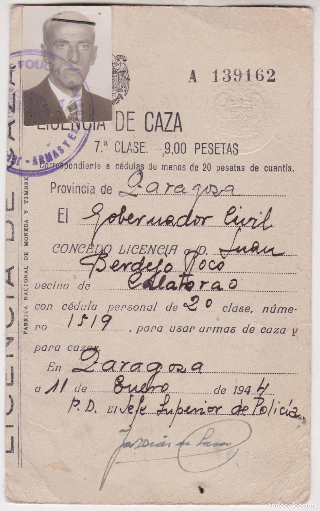 Collectionnisme: LICENCIA DE CAZA &ndash; ZARAGOZA &ndash; 1944