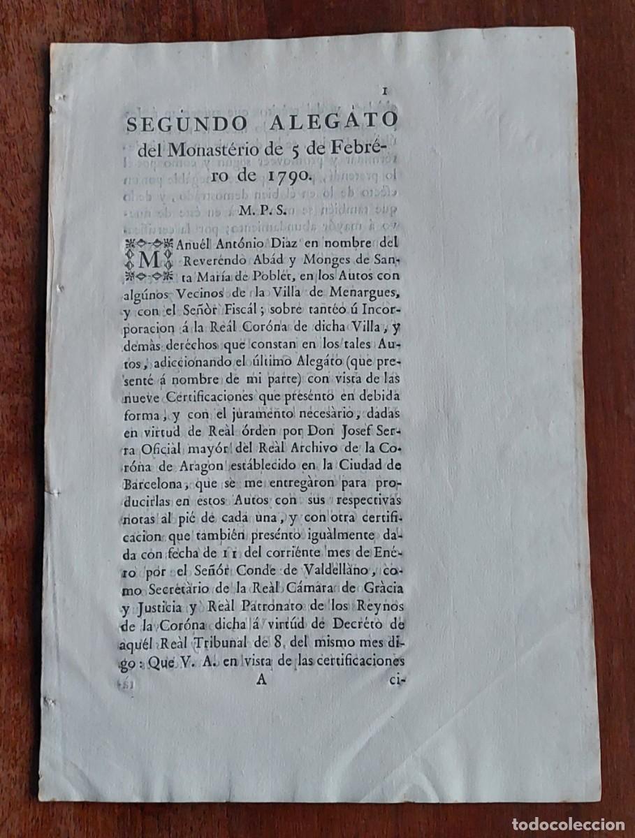 Coleccionismo: POBLET MENARGUENS 1790 PLEITO - Foto 1