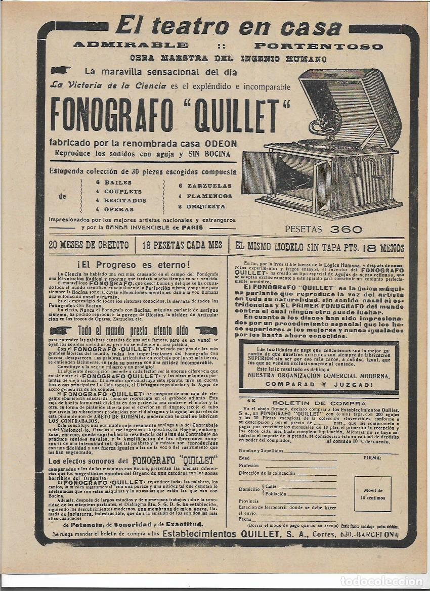 Sammelleidenschaft Papier: 1920 RECORTE PRENSA PUBLICIDAD FONOGRAFO QUILLET ALMACENES ESTABLECIMIENTOS QUILLET