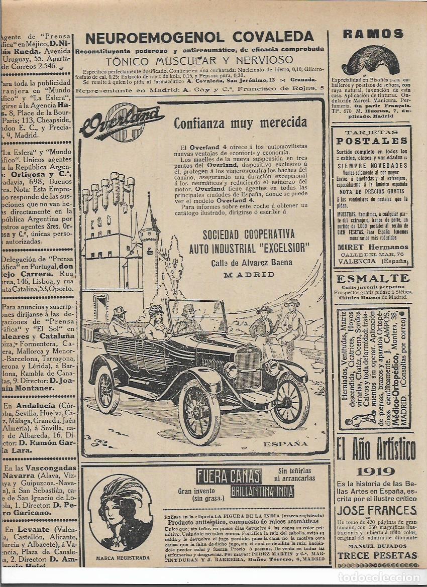 Collecting paper: A&Ntilde;O 1920 RECORTE PRENSA PUBLICIDAD COCHE AUTOMOVIL OVERLAND 4 SOCIEDAD COOPERATIVA AUTO EXCELSIOR