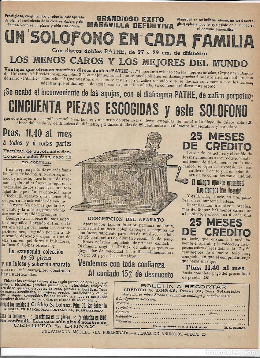 Colecionismo: A&Ntilde;O 1920 RECORTE PRENSA PUBLICIDAD SOLOFONO APARATO DE MUSICA CREDITO LOINAZ