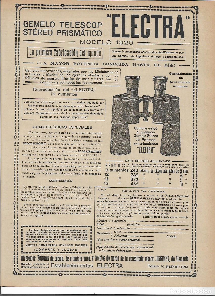 Colecionismo: A&Ntilde;O 1920 RECORTE PRENSA PUBLICIDAD GEMELOS GEMELO TELESCOP STEREO PRISMATICOS ELECTRA