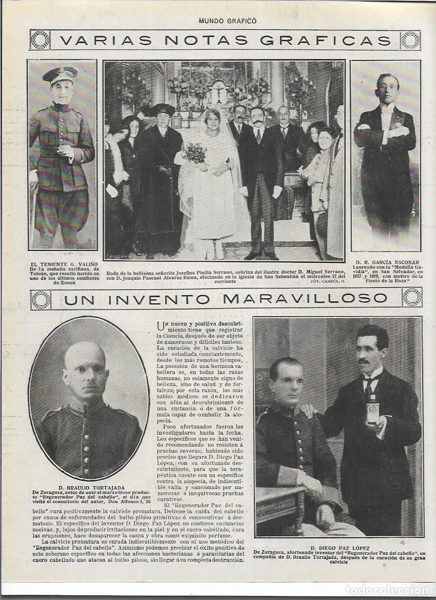 Sammelleidenschaft Papier: 1920 RECORTE PRENSA INVENTO REGENERADOR PAZ PARA EL PELO CALVICIE DIEGO PAZ LOPEZ BRAULIO TORTAJADA