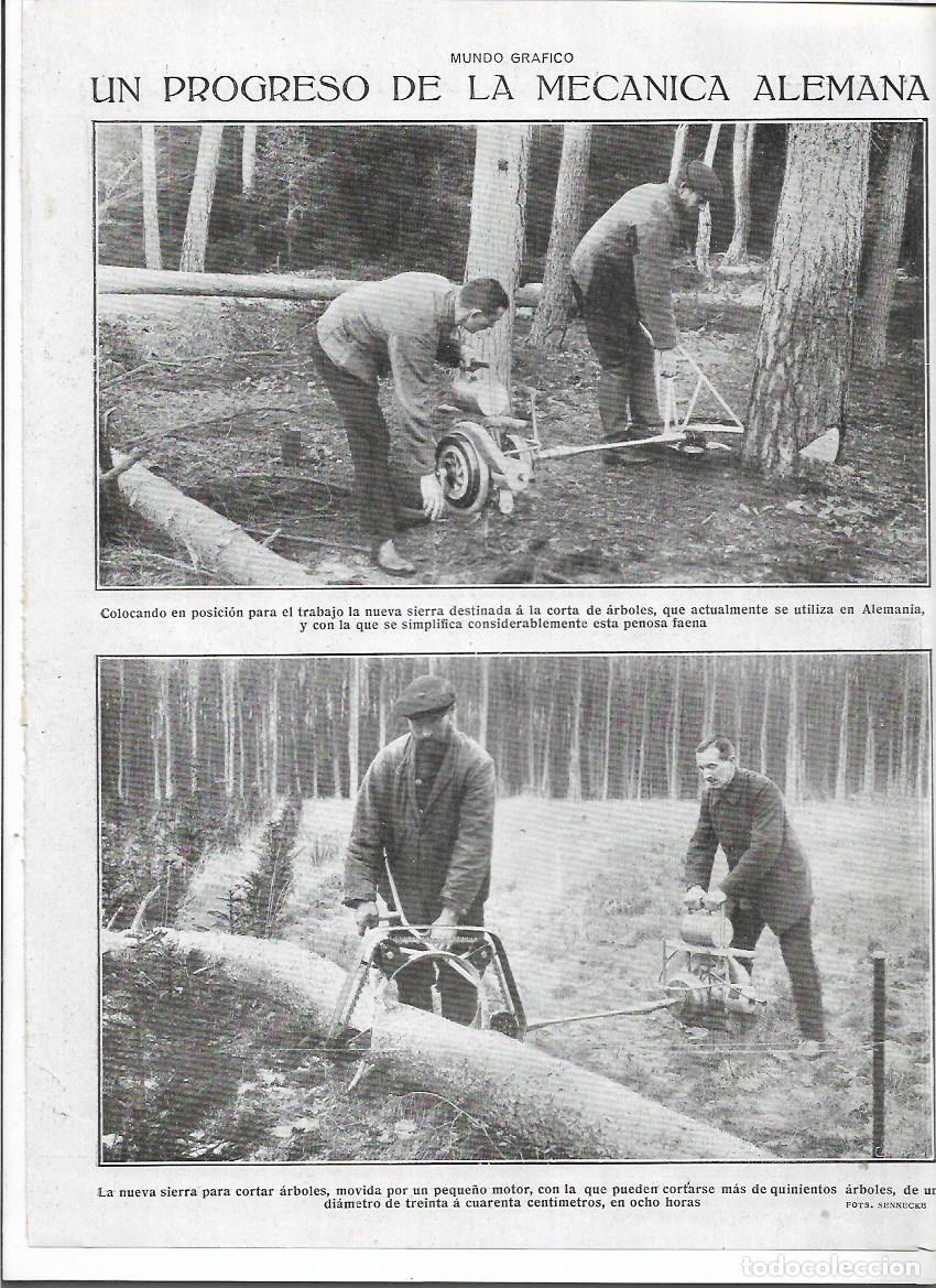 Coleccionismo: A&Ntilde;O 1920 RECORTE PRENSA INVENTOS PROGRESO MECANICA ALEMANA SIERRA CORTAR ARBOLES CON MOTOR