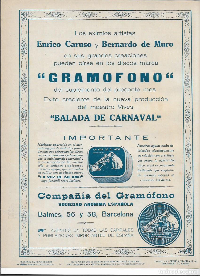 Collezionismo: A&Ntilde;O 1919 RECORTE PRENSA PUBLICIDAD MUSICA GRAMOFONO LA VOZ DE SU AMO COMPA&Ntilde;IA DEL GRAMOFONO CARUSO