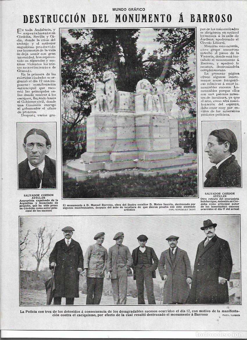 Colecionismo: 1919 RECORTE PRENSA ACTOS CONTRA CACIQUISMO DESTRUCCION MONUMENTO A BARROSO INURRIA CORDON AVELLAN