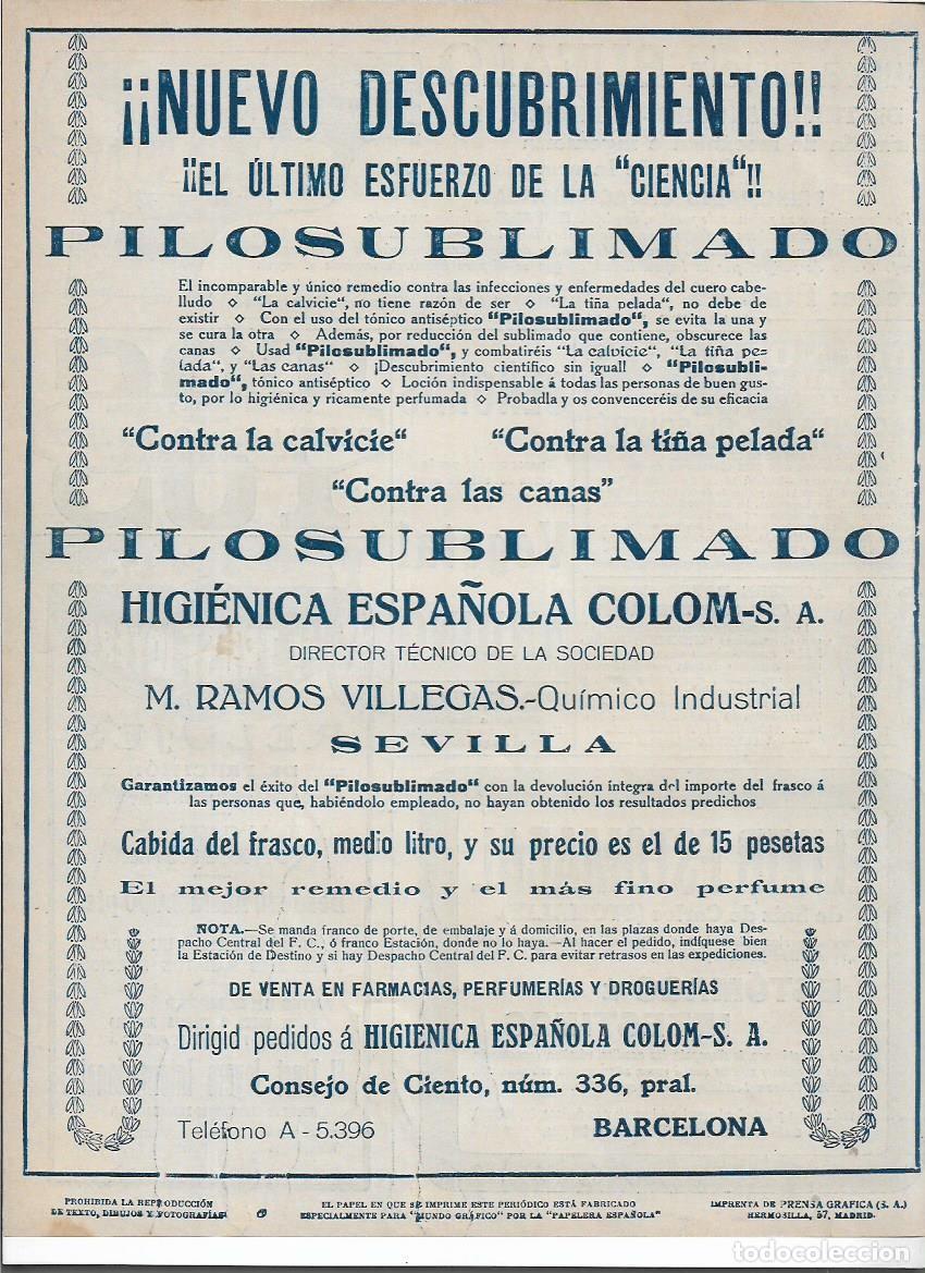 Colecionismo: A&Ntilde;O 1919 RECORTE PRENSA PUBLICIDAD PILOSUBLIMADO HIGIENICA ESPA&Ntilde;OLA COLOM CALVICIE TI&Ntilde;A