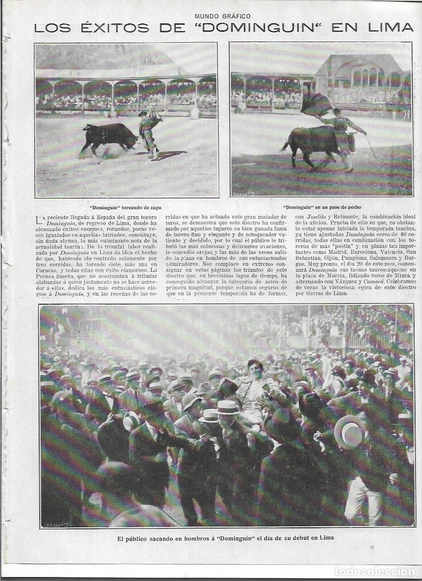 Colecionismo: A&Ntilde;O 1919 RECORTE PRENSA TOROS GRAN EXITO DEL TORERO DOMINGUIN EN LIMA PERU PASE DE PECHO DEBUT