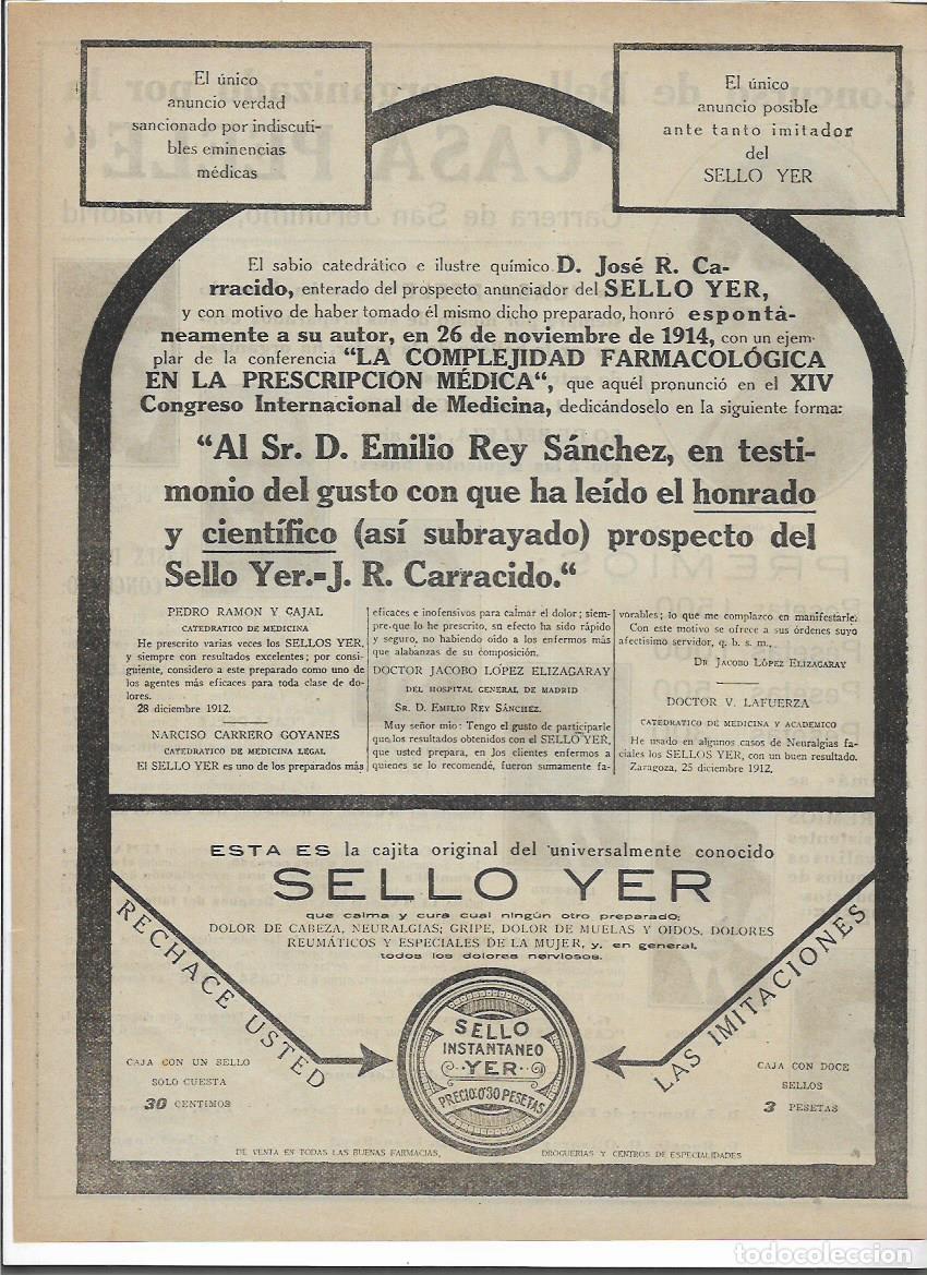 Collectionnisme: A&Ntilde;O 1919 RECORTE PRENSA PUBLICIDAD SELLO YER CARRACIDO EMILIO REY SANCHEZ PRODUCTOS FARMACEUTICOS