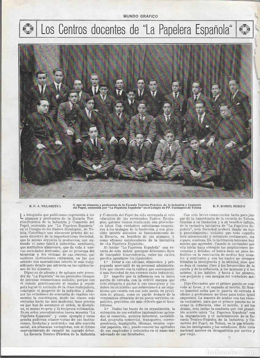 Coleccionismo: 1919 RECORTE PRENSA TOLOSA ALUMNOS PROFESORES ESCUELA INDUSTRIA PAPEL CENTRO DE LA PAPELERA ESPA&Ntilde;OLA