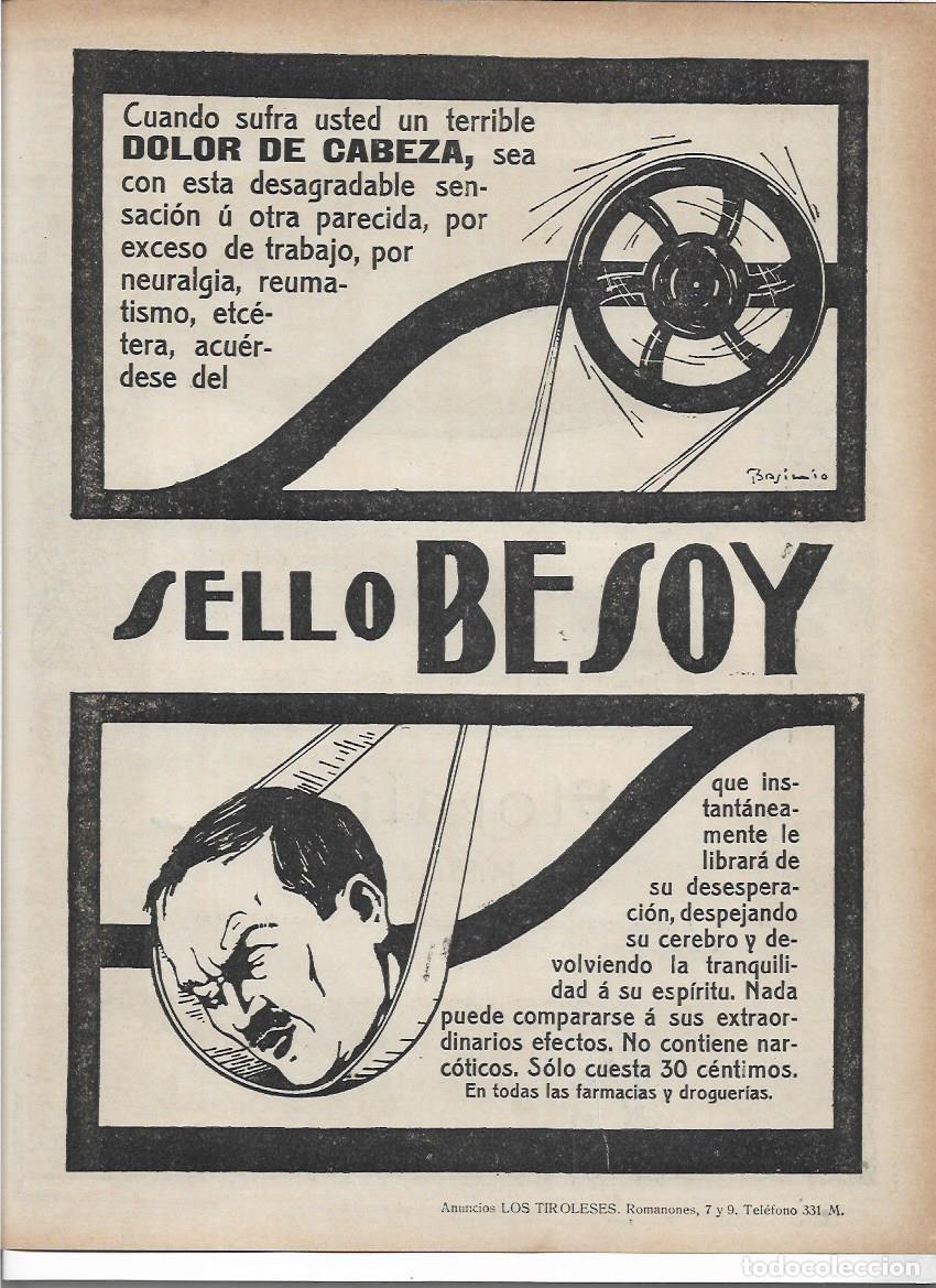 Colecionismo: A&Ntilde;O 1919 RECORTE PRENSA PUBLICIDAD SELLO BESOY PARA EL DOLOR DE CABEZA PRODUCTOS FARMACEUTICOS