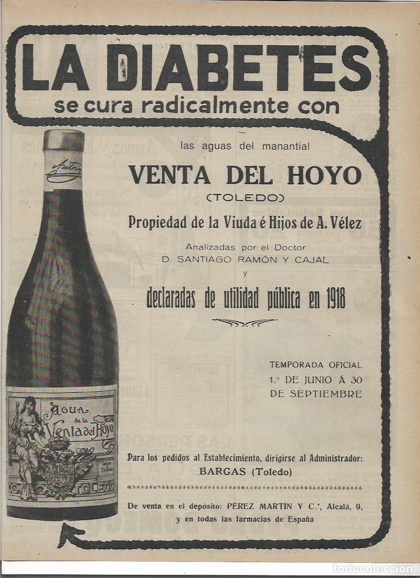Colecionismo: A&Ntilde;O 1919 RECORTE PRENSA PUBLICIDAD AGUA VENTA DEL HOYO CURA LA DIABETES BARGAS TOLEDO