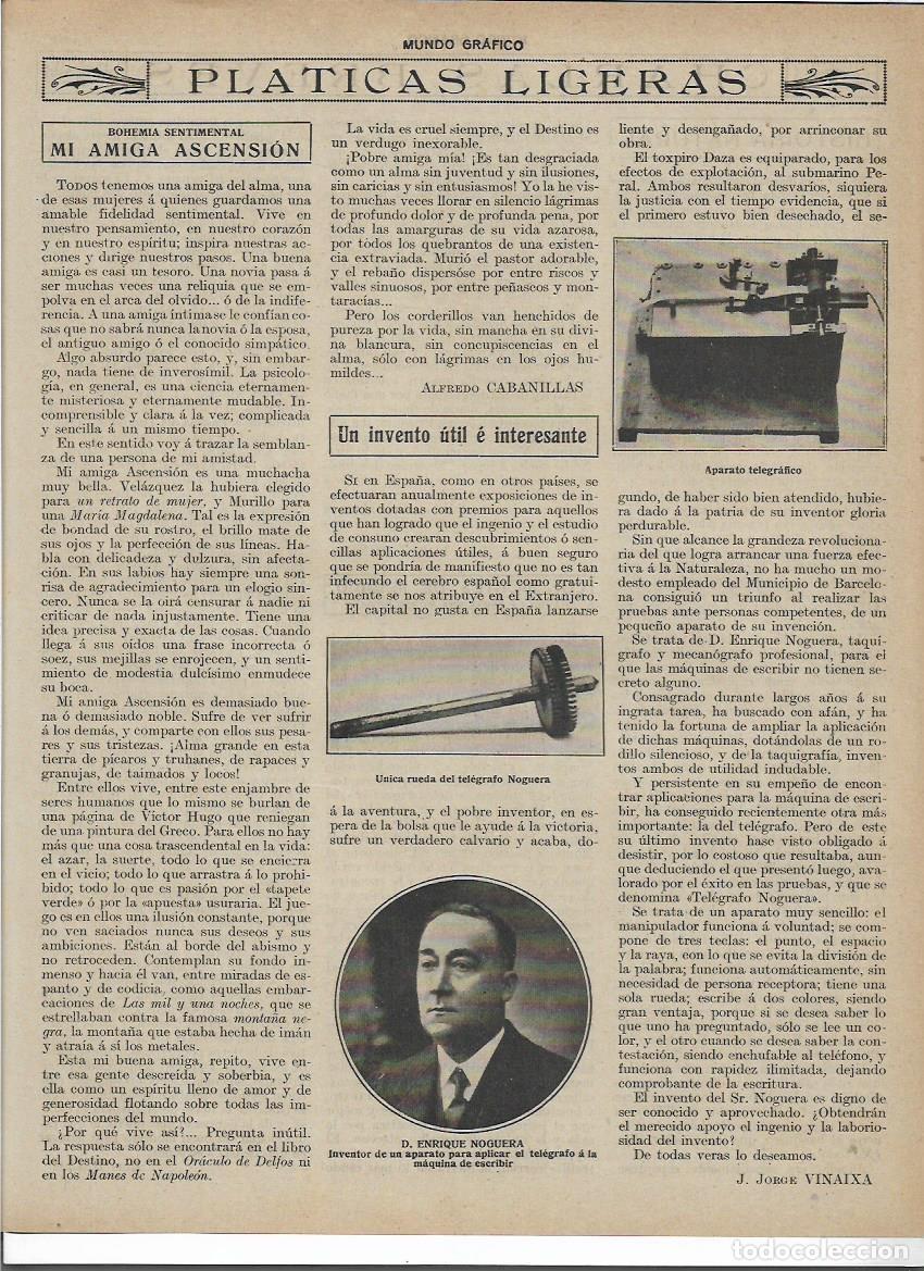 Colecionismo: 1919 RECORTE PRENSA INVENTO ENRIQUE NOGUERA INVENTOR UNA UNICA RUEDA PARA TELEGRAFO MAQUINA ESCRIBIR