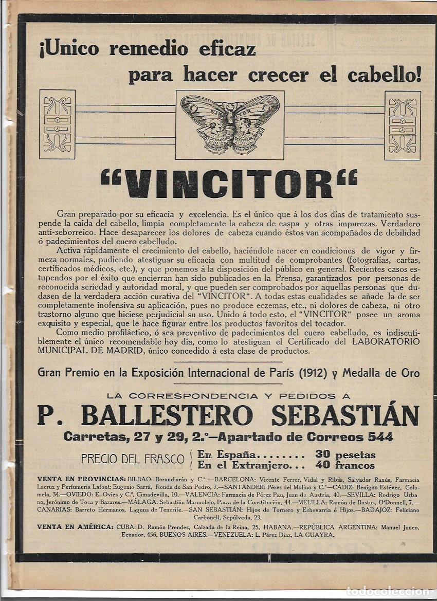 Collectionnisme: A&Ntilde;O 1913 RECORTE PRENSA PUBLICIDAD VINCITOR VIGORIZADOR CUIDADO DEL CABELLO