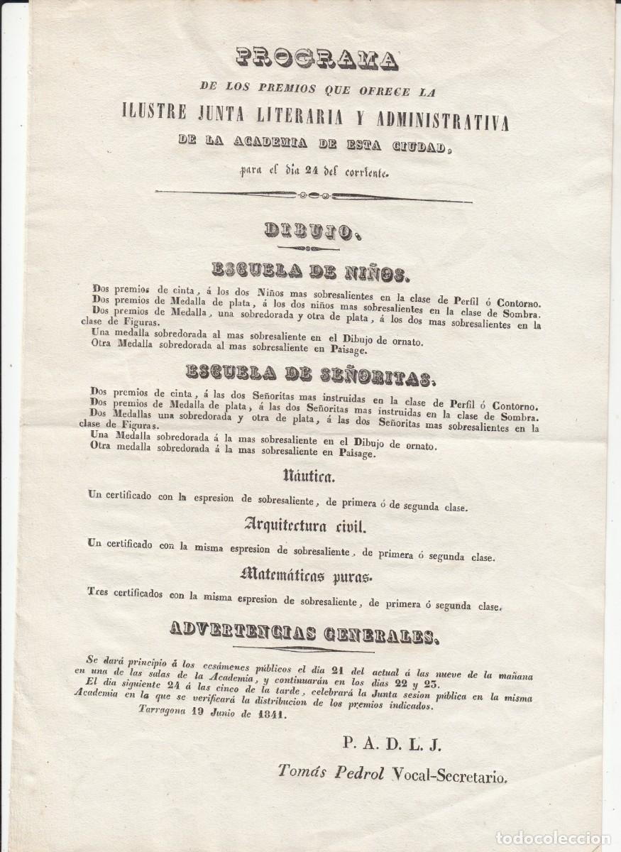 Coleccionismo: 1841 - TARRAGONA - PROGRAMA DE PREMIOS DE LA JUNTA LITERARIA DE LA ACADEMIA DE ESTA CIUDAD-EXCELENTE