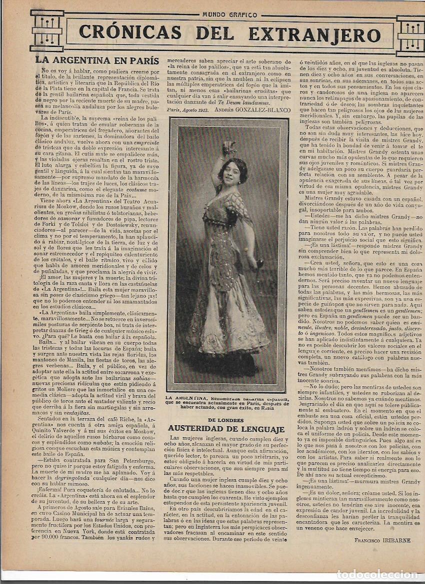 Coleccionismo: A&Ntilde;O 1913 RECORTE PRENSA EXITO DE LA ARGENTINITA EN PARIS Y RUSIA BAILARINA ESPA&Ntilde;OLA ARTISTA