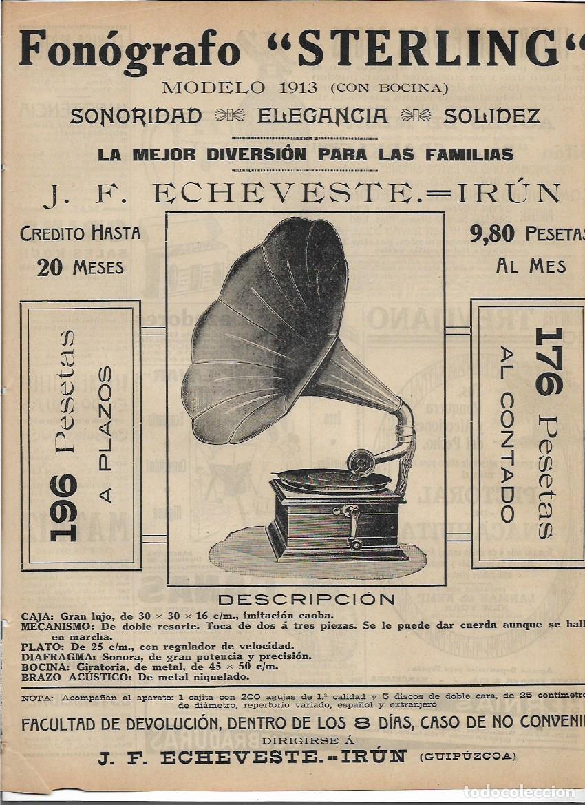 Coleccionismo: A&Ntilde;O 1913 RECORTE PRENSA PUBLICIDAD FONOGRAFO STERLING ECHEVESTE IRUN MUSICA