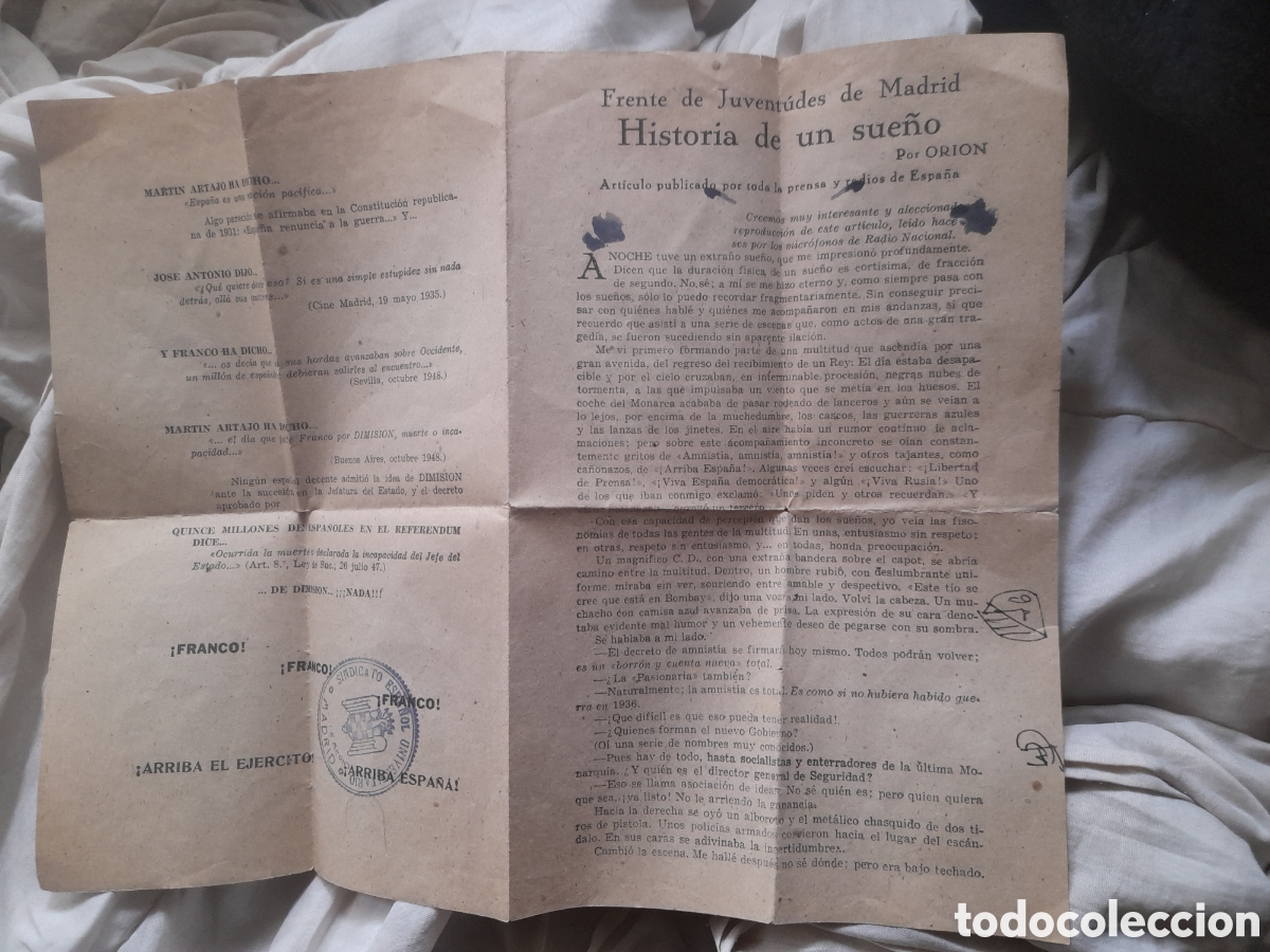 Coleccionismo: Folleto, Historia de un sue&ntilde;o, Frente de Juventudes de Madrid, Sindicato Espa&ntilde;ol Universitario