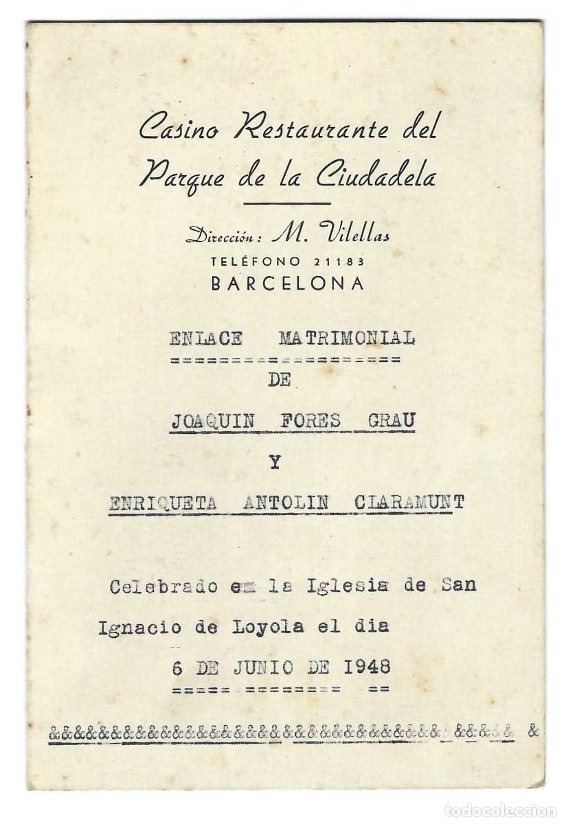 Coleccionismo: MEN&Uacute; ENLACE MATRIMONIAL. J. FLORES Y E. ANTOLIN. CASINO RESTAURANTE DEL PARQUE CIUDADELA. 1948