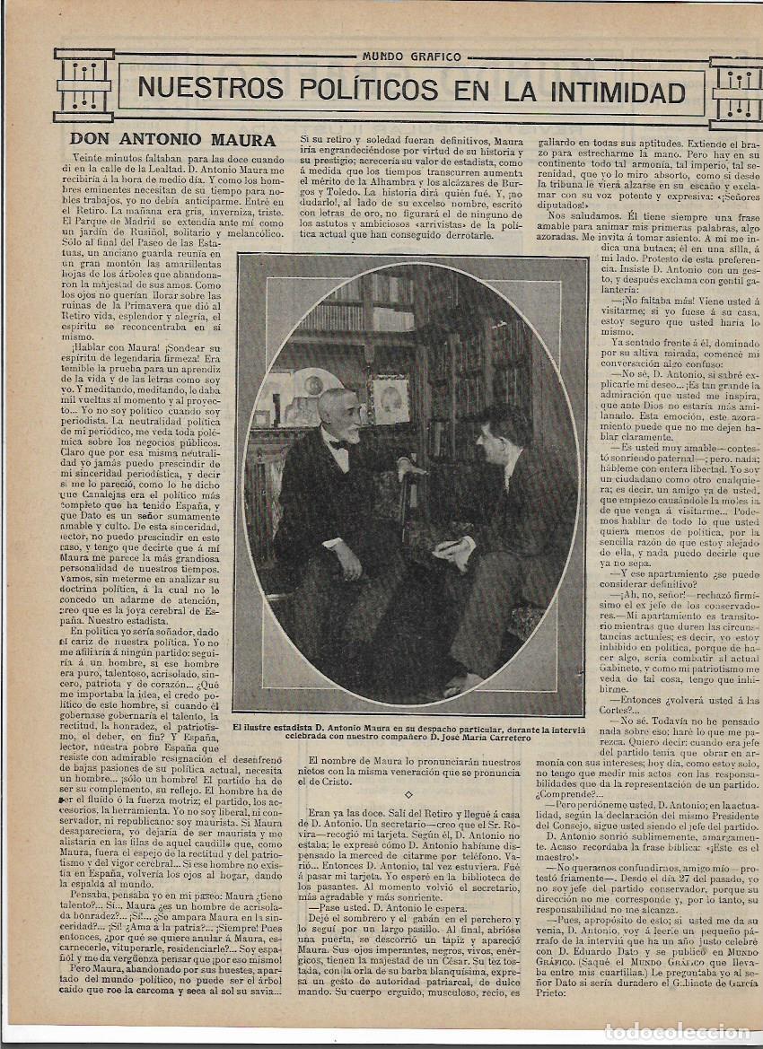 Coleccionismo: A&Ntilde;O 1913 RECORTE PRENSA POLITICA ANTONIO MAURA EN LA INTIMIDAD ENTREVISTA DE JOSE MARIA CARRETERO