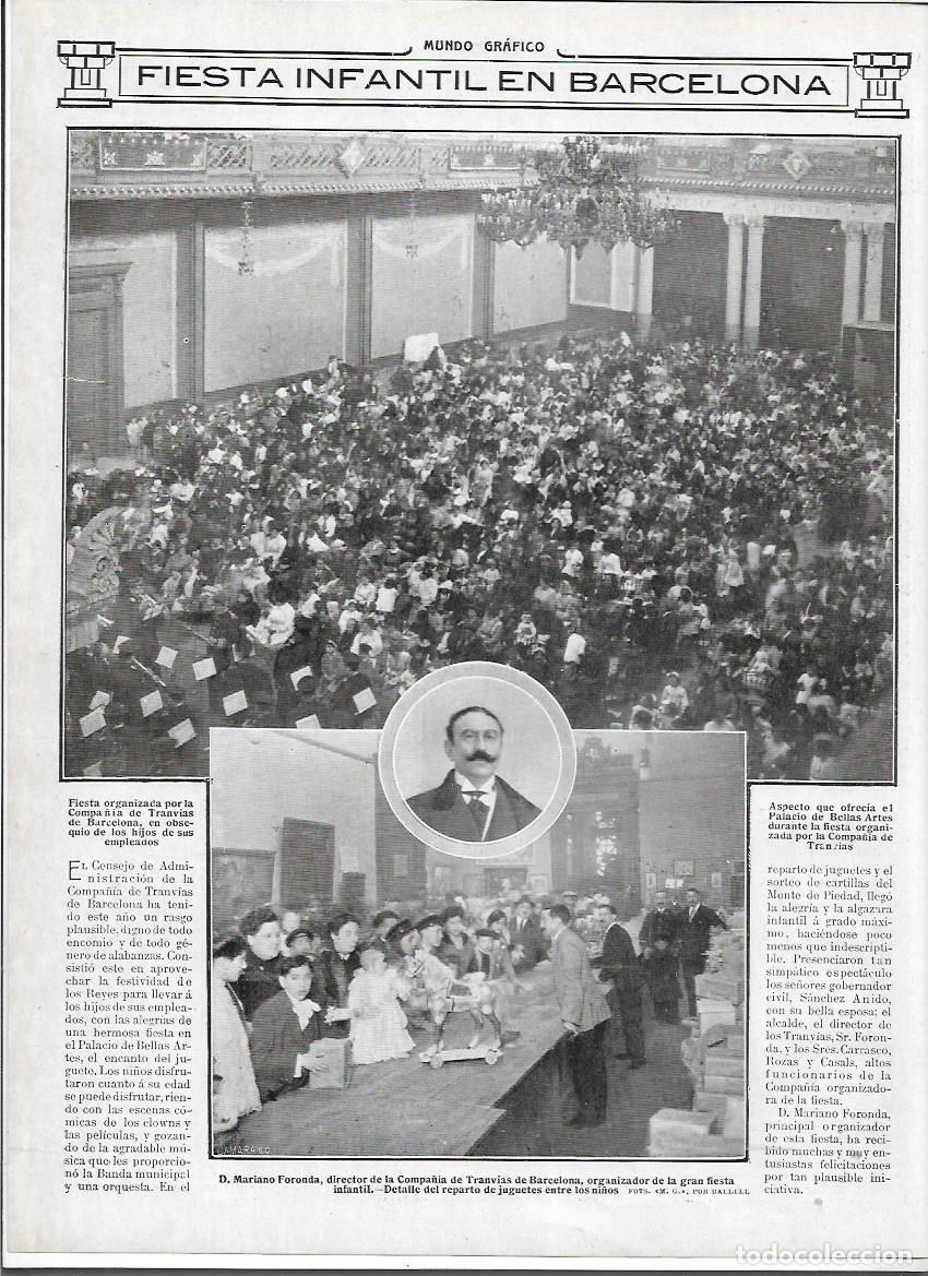 Coleccionismo: A&Ntilde;O 1913 RECORTE PRENSA BARCELONA FIESTA INFANTIL MARIANO FORONDA TRANVIAS REPARTO JUGUETES NI&Ntilde;OS
